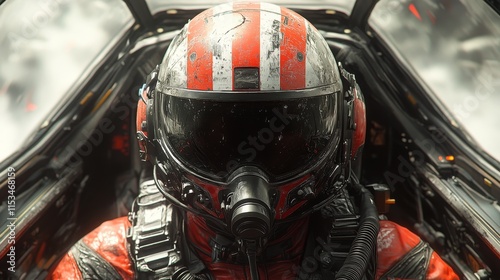 Pilot wearing a red and white helmet with a visor sits inside a futuristic cockpit, surrounded by complex instruments photo