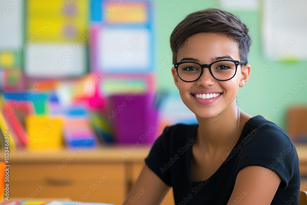 portrait of young teacher with glasses and short hair smiling and sitting at desk in classroom with colorful educational portrait of young teacher with glasses and short hair smiling and sitting at desk in classroom with colorful educational