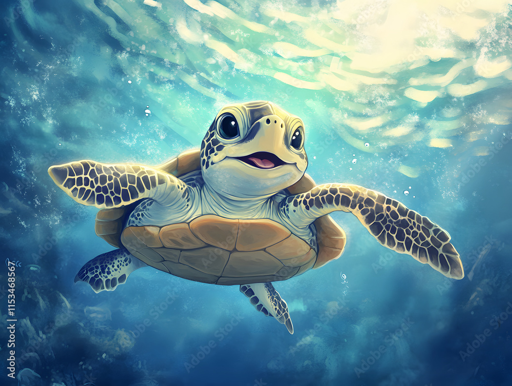 Obraz premium Smiling baby turtle swim under water illustration