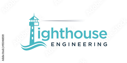Lighthouse and beach wave logo, ship navigation logo