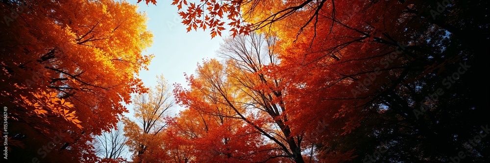 Looking up at autumn trees with vibrant orange leaves against a bright sky Looking up at autumn trees with vibrant orange leaves against a bright sky