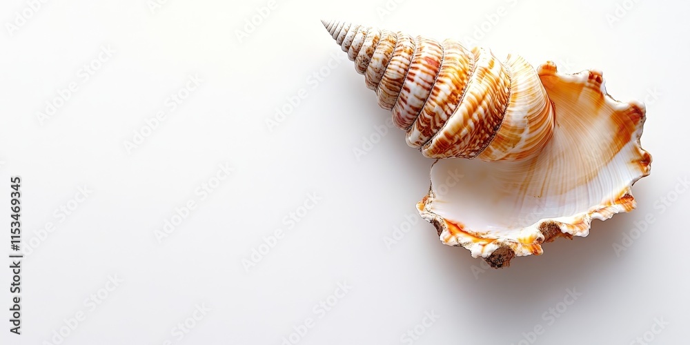 A seashell is positioned against a white backdrop, providing plenty of space for additional text or images. The focus is on the shell with a clear background. A seashell is positioned against a white backdrop, providing plenty of space for additional text or images. The focus is on the shell with a clear background.