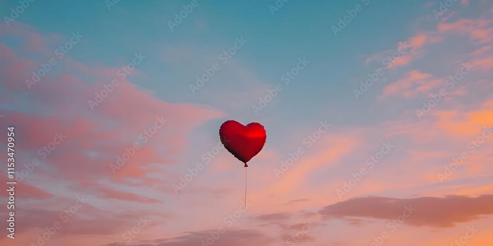 Fototapeta premium A heart-shaped balloon floating against a colorful sunset sky.