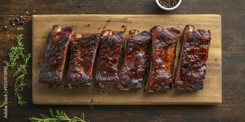 Smoked pork ribs arranged on a wooden kitchen board, showcasing the delicious and savory appeal of smoked pork ribs perfect for any culinary presentation involving smoked pork ribs. photo