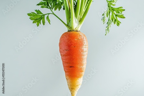 vibrant orange carrot with fresh green stem displayed against white background photo