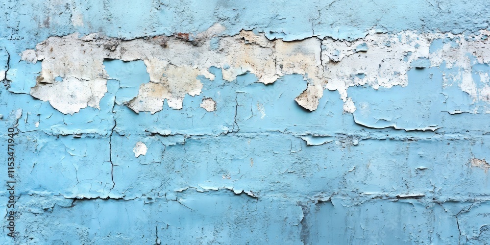 Fototapeta premium Vintage blue paint shows peeling off the uneven, rough texture of a wall, revealing cement grain beneath. This rustic backdrop offers a unique copyspace to highlight vintage aesthetics.