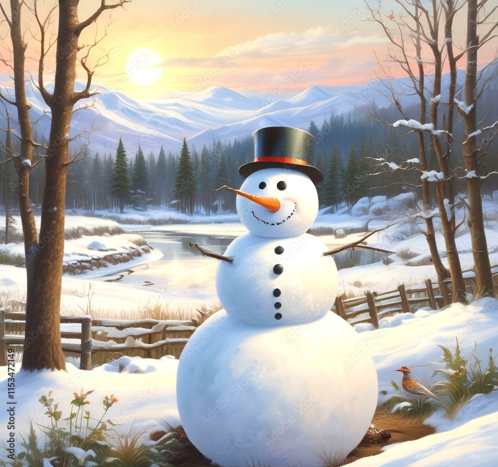 Obraz premium Illustration of snowman with winter landscape.