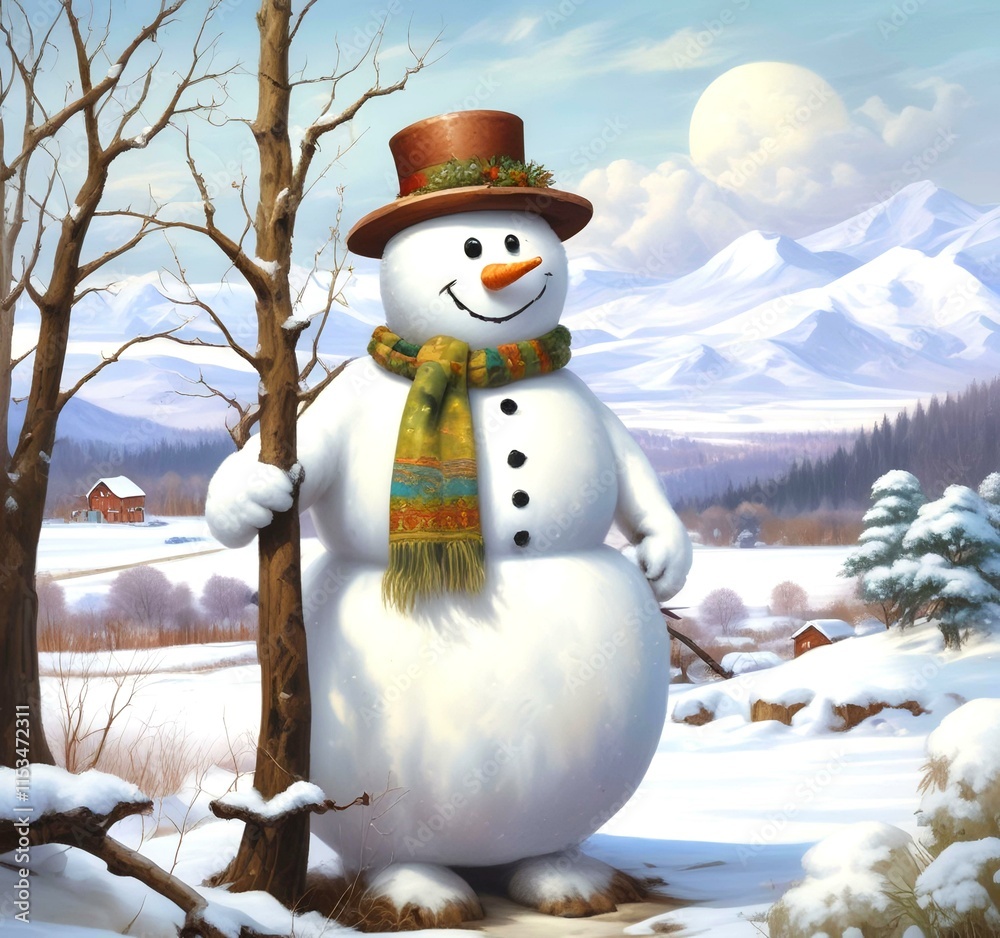 Obraz premium Illustration of snowman with winter landscape.