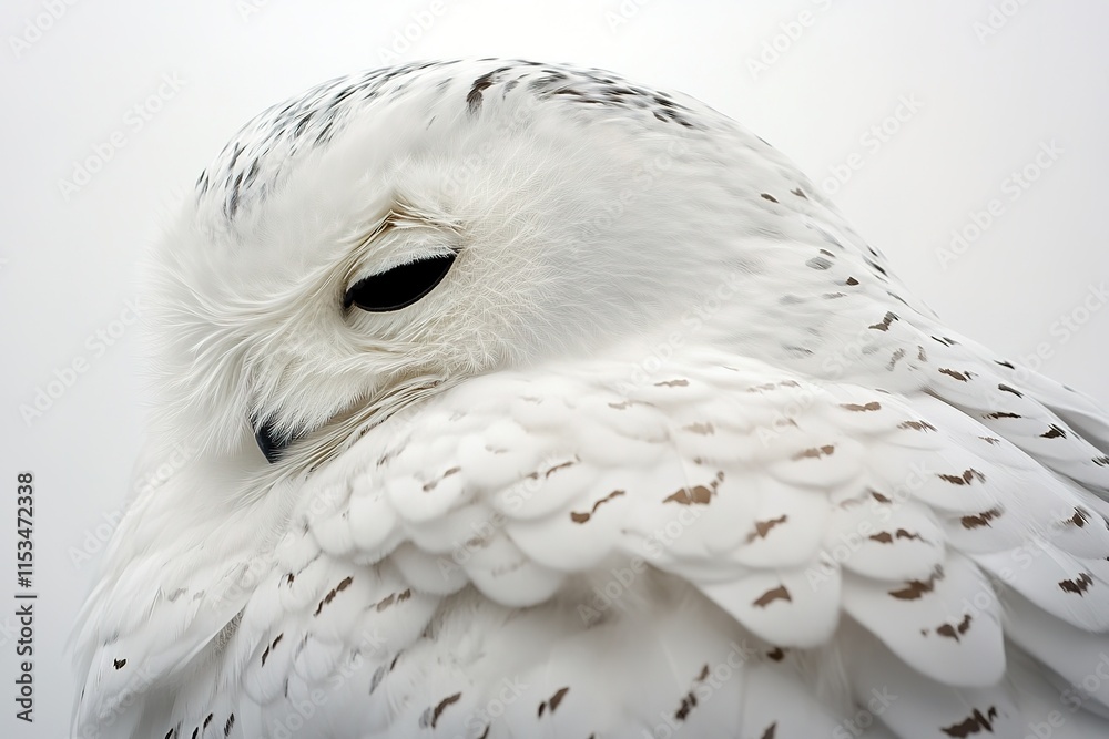 Obraz premium close-up of snowy owl feathers isolated against pure white background showcasing texture and beauty of bird coat