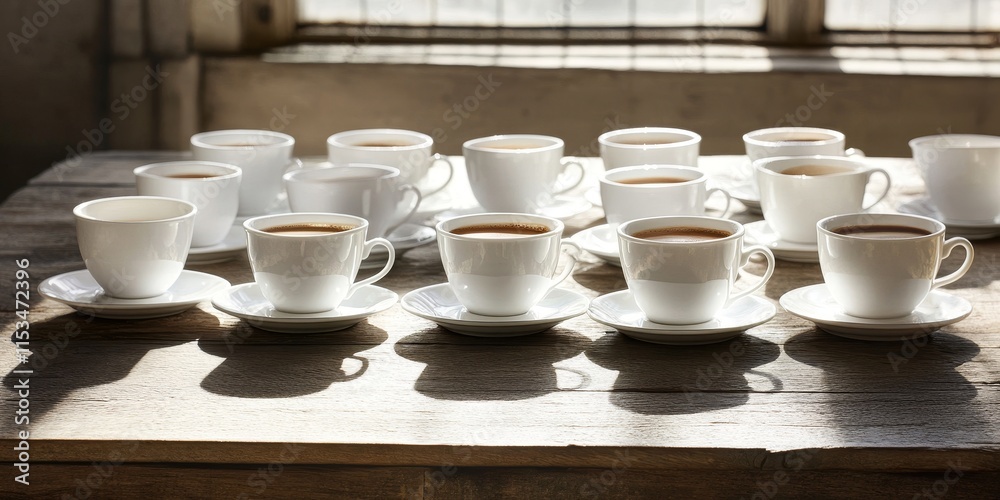 A collection of white cups and saucers filled with coffee rests on a rustic wooden table, creating a cozy and inviting atmosphere. The white cups and saucers bring charm to the scene. A collection of white cups and saucers filled with coffee rests on a rustic wooden table, creating a cozy and inviting atmosphere. The white cups and saucers bring charm to the scene.