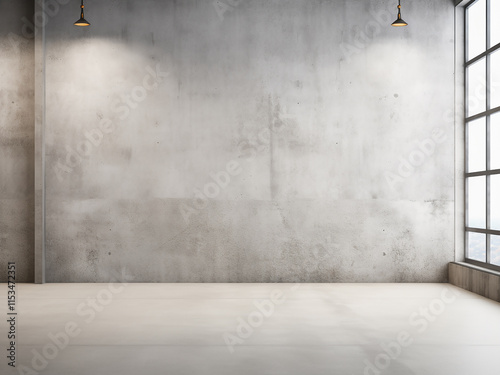 Grey and white concrete wall and floor creating a loft-style vintage room setting photo