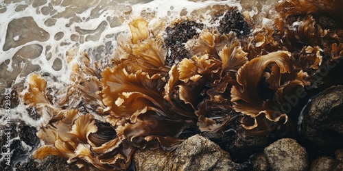 Closeup of brown algae seaweeds, specifically kelp and Laminaria, thriving in the intertidal zone among rocks by the sea, showcasing the beauty of brown algae and its habitat. photo