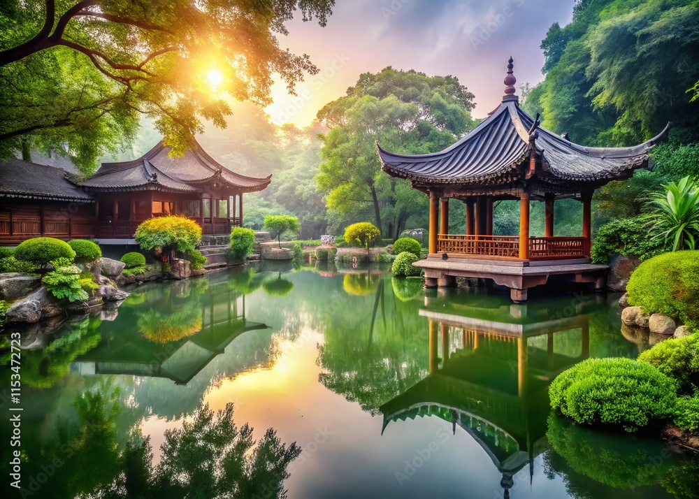 Fototapeta premium Hangzhou Garden, Serene Bokeh Landscape, Traditional Chinese Architecture, Misty Morning, Peaceful Scene
