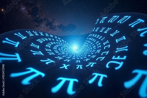 Futuristic glowing pi symbols forming a vortex in a cosmic space background