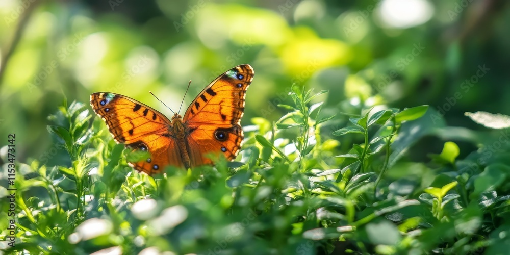 Orange butterfly of the Vanessa Cardui species gracefully rests amidst lush greenery, showcasing the vibrant colors of the orange butterfly in its natural green habitat. Orange butterfly of the Vanessa Cardui species gracefully rests amidst lush greenery, showcasing the vibrant colors of the orange butterfly in its natural green habitat.