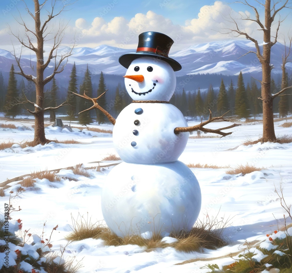 Obraz premium Illustration of snowman with winter landscape.