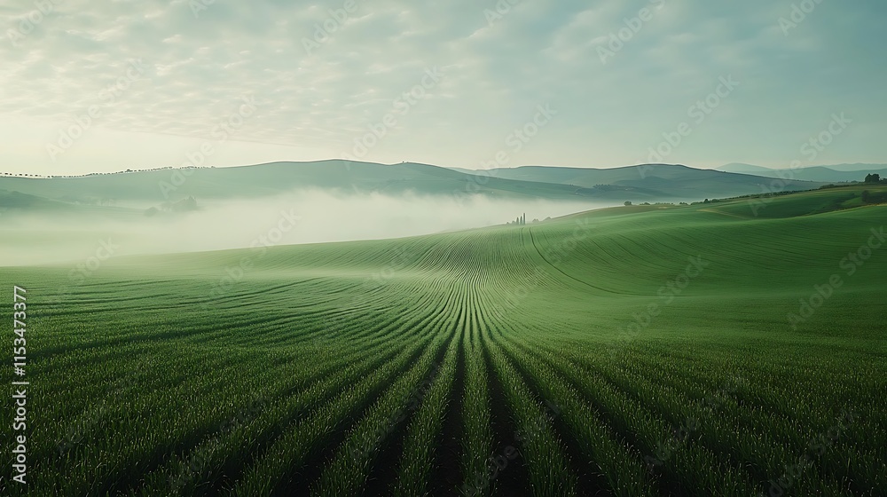 Obraz premium Serene Sunrise Photo: Misty Green Field Landscape. AI Generated