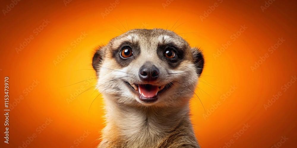 Fototapeta premium Happy Meerkat Smiling on Orange Background - Fun Party Invitation Card