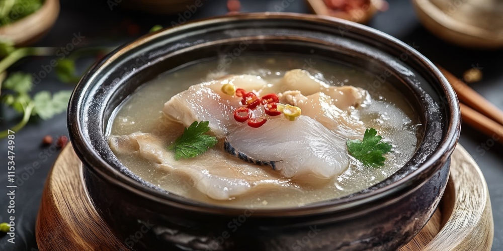 Delight in the rich flavors of Asian cuisine with a traditional shark fin soup, showcasing the exquisite taste and cultural significance of this classic dish in Asian culinary heritage. Delight in the rich flavors of Asian cuisine with a traditional shark fin soup, showcasing the exquisite taste and cultural significance of this classic dish in Asian culinary heritage.