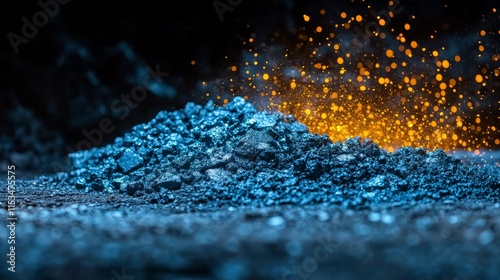 Pile of black and blue coals sits on the ground, with vibrant orange sparks rising in the background