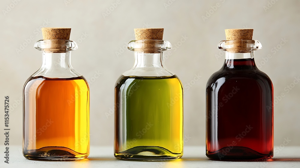 Three glass bottles with cork stoppers filled with amber, green, and dark red liquids. Three glass bottles with cork stoppers filled with amber, green, and dark red liquids.