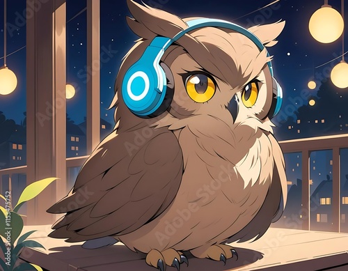 An Owl Wearing Headphones Sits on a Porch at Night photo