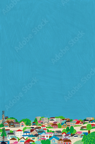 Quadro su tela 手描きイラスト　空と緑のある街並み