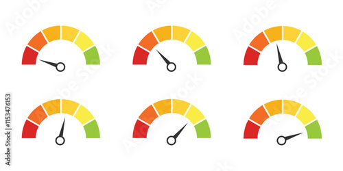 Score meter. Scale meter score level icon. Speedometer gauge indicator. Energy efficiency and consumer satisfaction rate measure UI. Indication lines. Dial with arrows and scale.