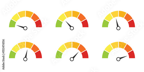 Score meter. Scale meter score level icon. Speedometer gauge indicator. Energy efficiency and consumer satisfaction rate measure UI. Indication lines. Dial with arrows and scale.