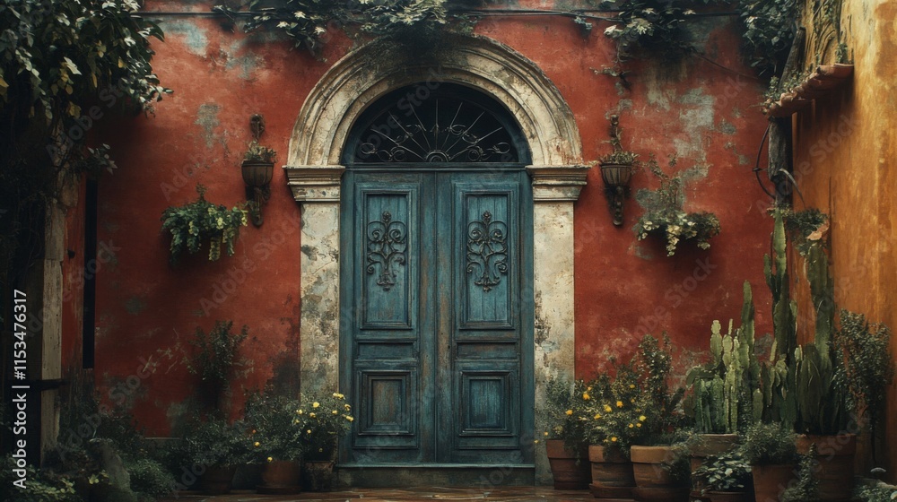 Antique teal door in a weathered red building Antique teal door in a weathered red building