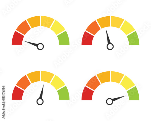 Score meter. Scale meter score level icon. Speedometer gauge indicator. Energy efficiency and consumer satisfaction rate measure UI. Indication lines. Dial with arrows and scale.
