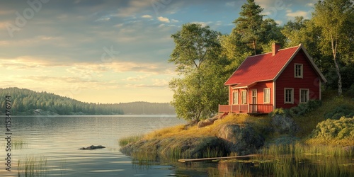 Red house perched on the hill by the lake, surrounded by captivating scenery. This red house offers a charming view and a serene atmosphere by the lake s edge, making it a picturesque retreat. photo