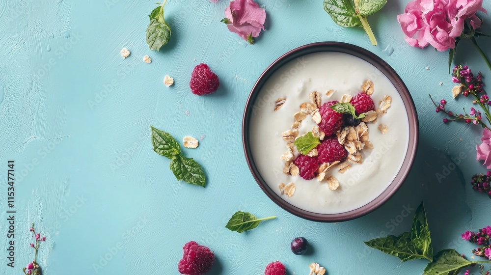 Bowl of yogurt with fresh raspberries and mint leaves Bowl of yogurt with fresh raspberries and mint leaves