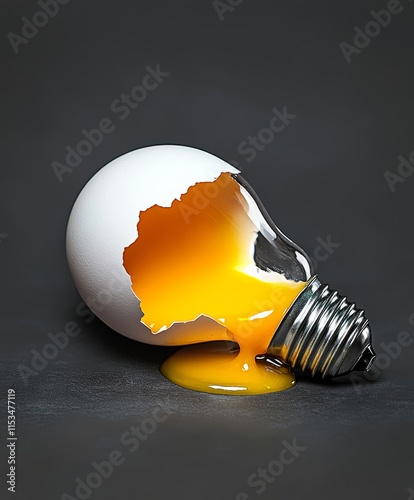 Light bulb has been cracked open, and the egg yolk is oozing out. The yolk is a bright yellow color, and the light bulb is silver. The scene is quite dramatic and visually striking photo