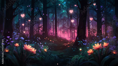 illustration of glowing flowers on forest night background with heart, love shaped forest wallpaper
