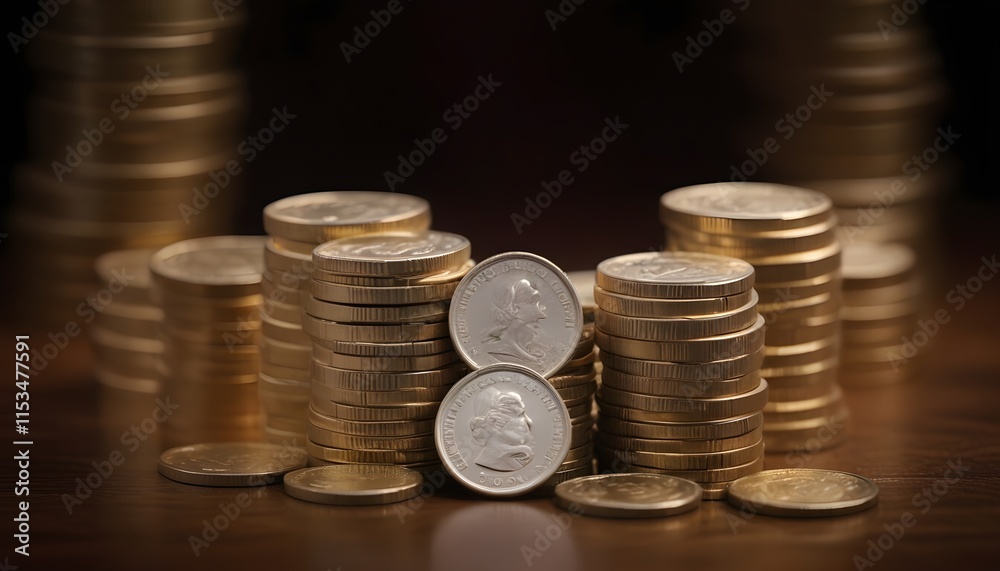 Piles of gold coins on a wooden surface Piles of gold coins on a wooden surface