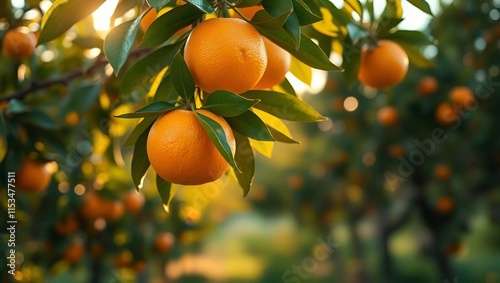 ripe oranges hanging from a tree, illuminated by golden-hour sunlight, vibrant green leaves with a soft warm glow, blurred background of an orange grove 