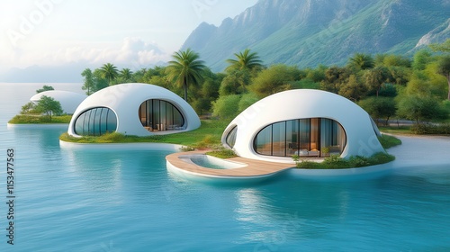 Futuristic dome houses on tropical beach.