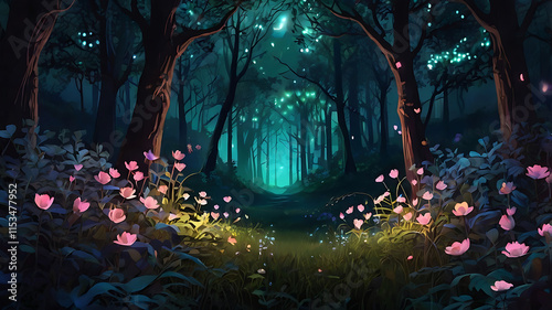 illustration of glowing flowers on forest night background with heart, love shaped forest wallpaper
