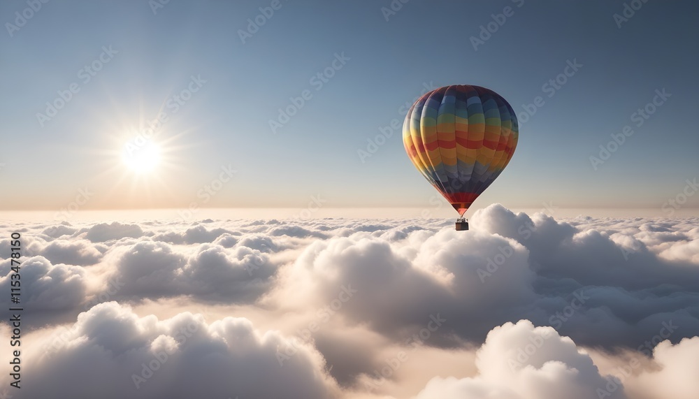 Fototapeta premium A hot air balloon flying high above the clouds with the sun shining brightly in the background