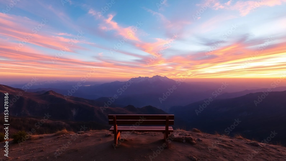 a breathtaking mountain landscape at sunrise, with vibrant orange and purple hues in the sky, a single wooden bench overlooking the valley, intentional wide space of the sky with copy space a breathtaking mountain landscape at sunrise, with vibrant orange and purple hues in the sky, a single wooden bench overlooking the valley, intentional wide space of the sky with copy space