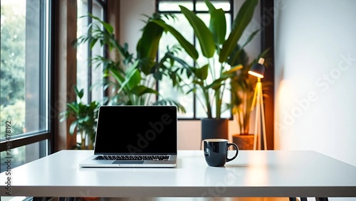 Wallpaper Mural A modern office workspace, sleek minimalist desk setup with a laptop and coffee cup placed neatly, warm ambient lighting through large windows Torontodigital.ca