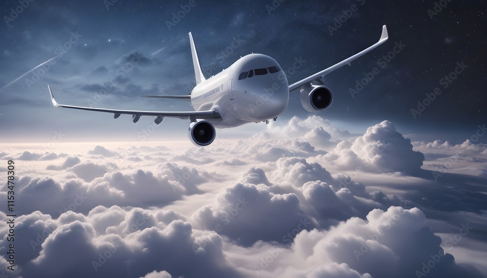 Obraz premium A commercial passenger jet flying high above the clouds with the stars in the night sky in the background