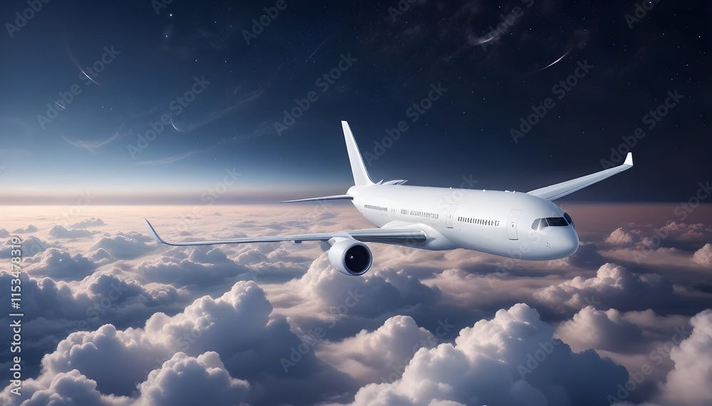 Obraz premium A commercial passenger jet flying high above the clouds with the stars in the night sky in the background