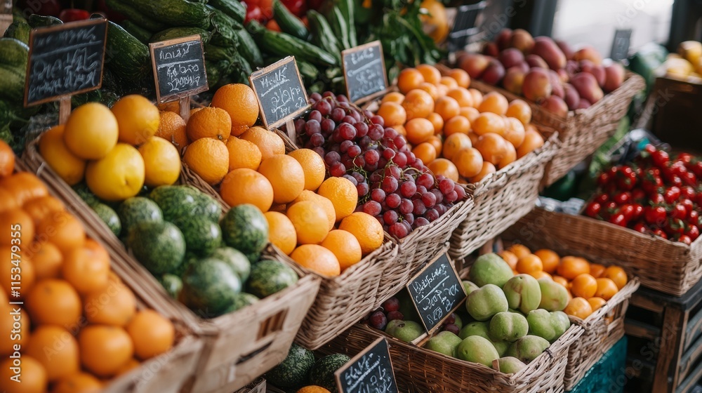 Fresh fruits and vegetables on display at a farmers market
