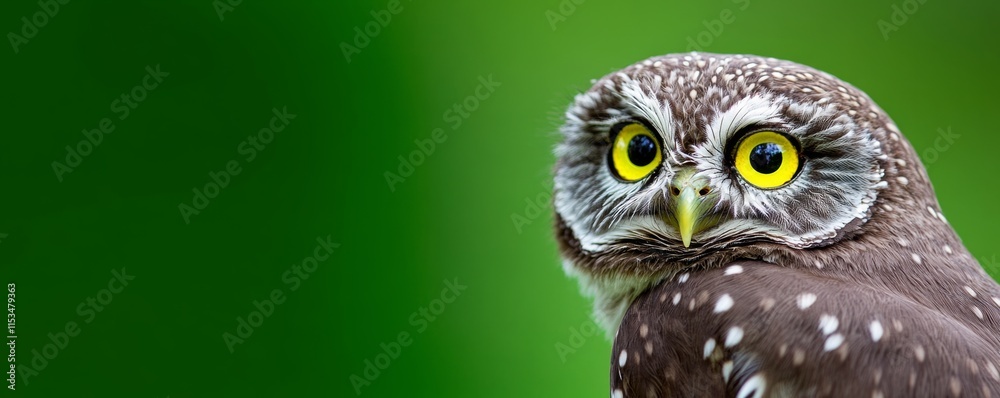 Fototapeta premium Brown owl with yellow eyes is staring at the camera. The owl is perched on a green background