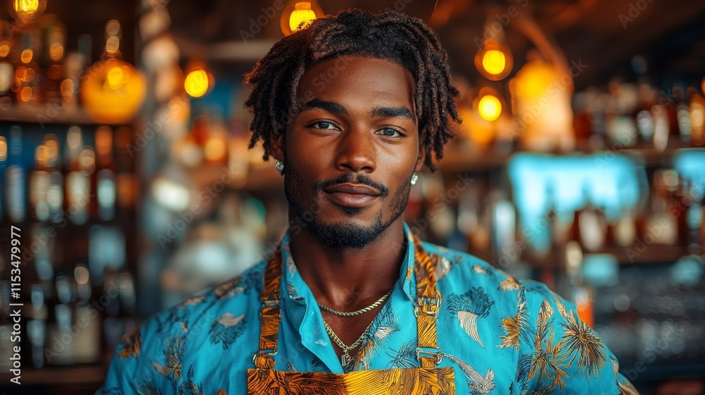 Fototapeta premium Person wearing a blue floral shirt and apron stands confidently in a warmly lit bar or restaurant setting
