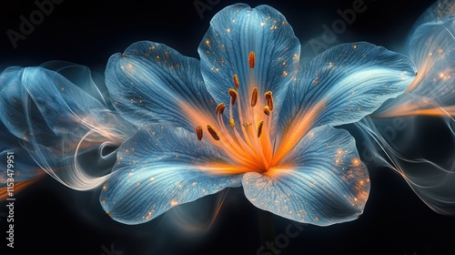 Glowing blue lily flower with smoke trails on black background.