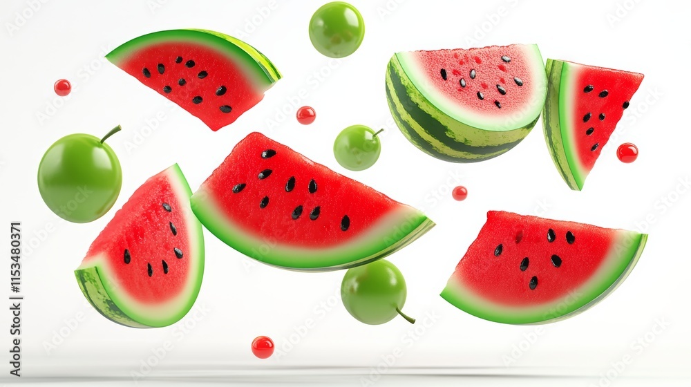 Watermelon is flying through the air with a bunch of other fruits. The watermelon is the main focus of the image, but the other fruits add a sense of motion and playfulness to the scene Watermelon is flying through the air with a bunch of other fruits. The watermelon is the main focus of the image, but the other fruits add a sense of motion and playfulness to the scene