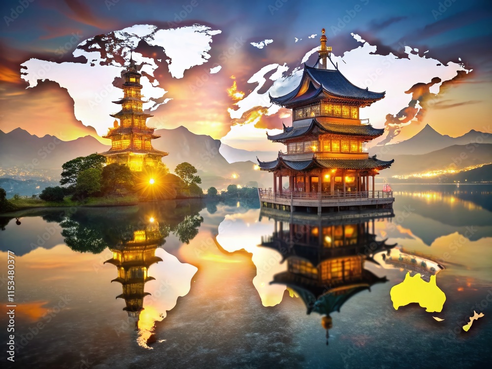 Obraz premium Illuminated Pagoda at Dusk: Global Connectivity Symbol - Double Exposure Stock Photo